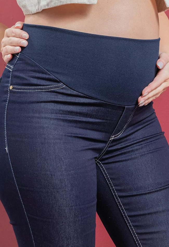 07 calca feminina cigarrete gestante denim escuro