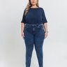 01 calca feminina cigarrete c barra desfiada plus size denim escuro