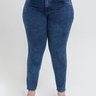 02 calca feminina cigarrete c barra desfiada plus size denim escuro