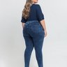 03 calca feminina cigarrete c barra desfiada plus size denim escuro
