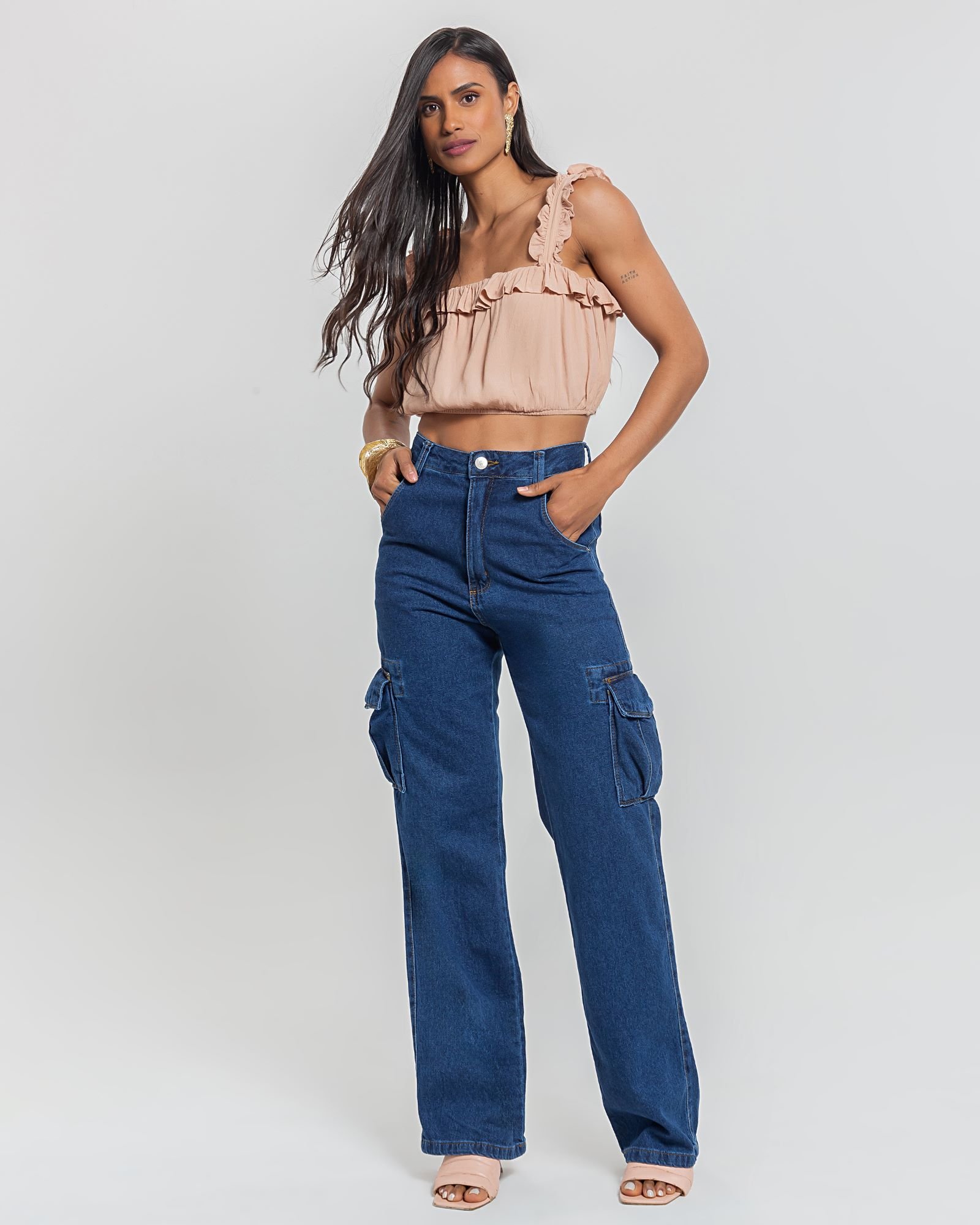 スノーボード 2425 BLENT Luna PT DTP INDIGO DENIM Calça Feminina Wide Leg Cargo Denim Escuro - Black Jeans