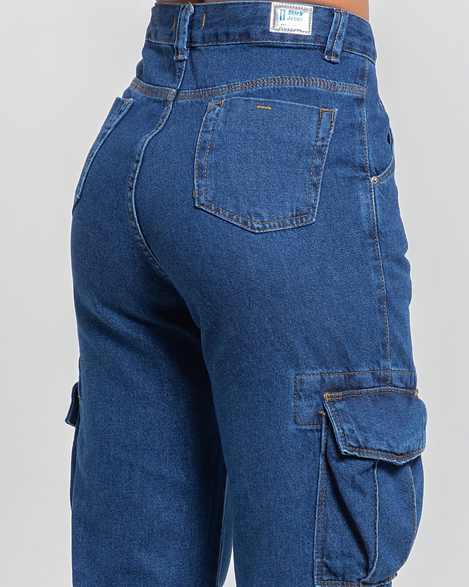 Calça Feminina Wide Leg Cargo Denim Escuro - Black Jeans